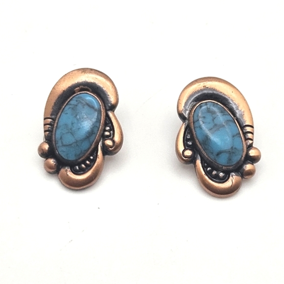 Bell Trading Post Vintage Copper Turquoise Clip on Earrings - Picture 1 of 3